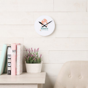 Frohe Ostern – Kaninchen & Ei Florales Design Runde Wanduhr