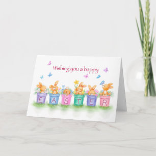 Frohe Ostern, Kaninchen in Blumentöpfen mit Blumen Karte
