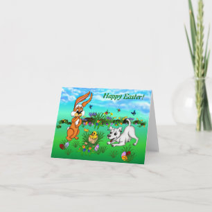 Frohe Ostern! Kaninchen, Küken und Welpen Feiertagskarte