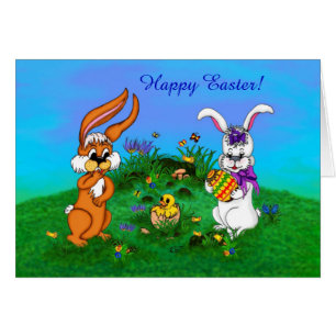 Frohe Ostern! Kaninchen mit Bunny und Chick