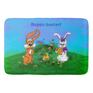 Frohe Ostern! Kaninchen mit Bunny und Chick Badematte