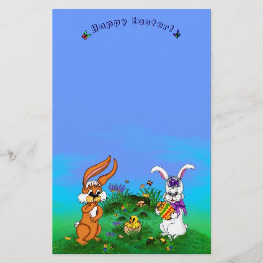 Frohe Ostern! Kaninchen mit Bunny und Chick Briefpapier (Vorderseite)