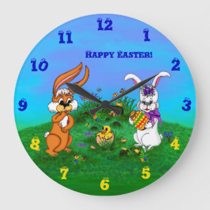 Frohe Ostern! Kaninchen mit Bunny und Chick Große Wanduhr