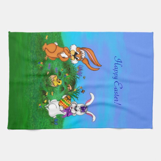 Frohe Ostern! Kaninchen mit Bunny und Chick Küchentuch (Horizontal)