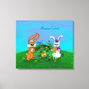 Frohe Ostern! Kaninchen mit Bunny und Chick Leinwanddruck