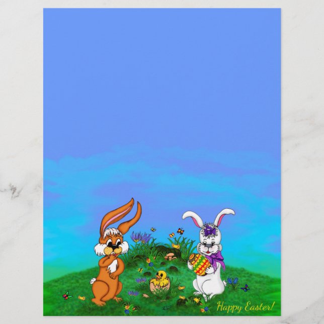 Frohe Ostern! Kaninchen mit Bunny und Chick Letter Briefbogen (Vorderseite)