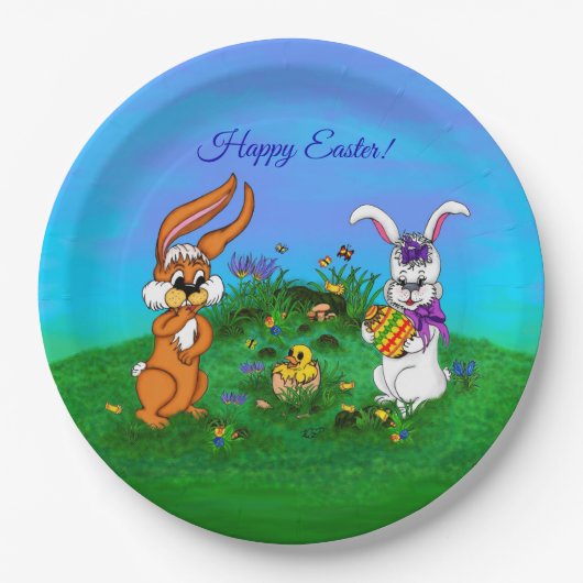 Frohe Ostern! Kaninchen mit Bunny und Chick Pappteller (Vorderseite)