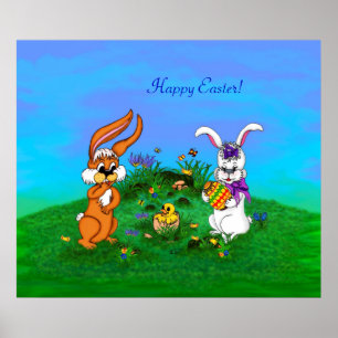 Frohe Ostern! Kaninchen mit Bunny und Chick Poster