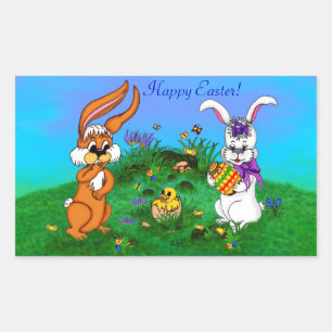 Frohe Ostern! Kaninchen mit Bunny und Chick Rechteckiger Aufkleber