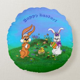 Frohe Ostern! Kaninchen mit Bunny und Chick Rundes Kissen