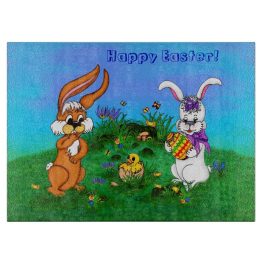 Frohe Ostern! Kaninchen mit Bunny und Chick Schneidebrett (Vorderseite)
