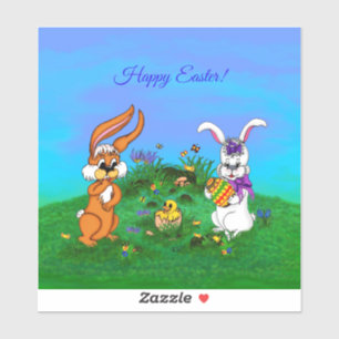 Frohe Ostern! Kaninchen mit Hasen und Kick Aufkleber
