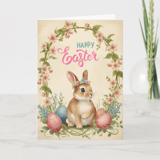 Frohe Ostern Karte - Hasen Blumenkranz (Vorderseite)