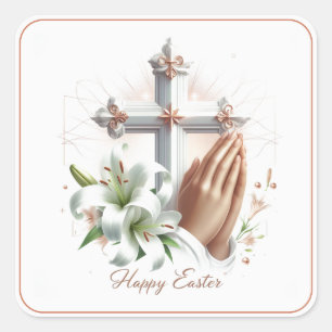 Frohe Ostern, Kreuz, Lilien und betende Hände Quadratischer Aufkleber