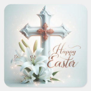 Frohe Ostern, Kreuz und Lilien  Quadratischer Aufkleber