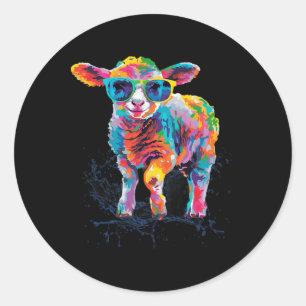 Frohe Ostern Lamm Schaf Bunt Kunstwerk Mit Sonne Runder Aufkleber
