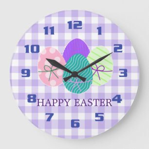 Frohe Ostern Land Lavendel Gingham Muster Süß Große Wanduhr
