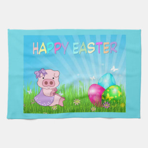 Frohe Ostern Mädchen Schweinchen Geschirrtuch