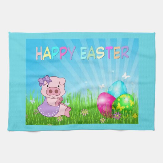 Frohe Ostern Mädchen Schweinchen Geschirrtuch (Horizontal)