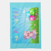 Frohe Ostern Mädchen Schweinchen Geschirrtuch (Vertikal)