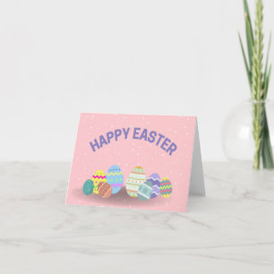 Frohe Ostern mit bunten Eiern rosa Karte