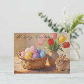 Frohe Ostern mit bunten Eiern und Tulpen (Stehend Vorderseite)