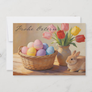 Frohe Ostern mit bunten Eiern und Tulpen