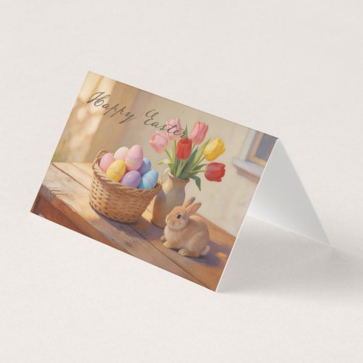 Frohe Ostern mit bunten Eiern und Tulpen (Vorderseite)
