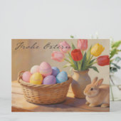 Frohe Ostern mit bunten Eiern und Tulpen (Stehend Vorderseite)