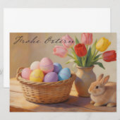 Frohe Ostern mit bunten Eiern und Tulpen (Vorne/Hinten)
