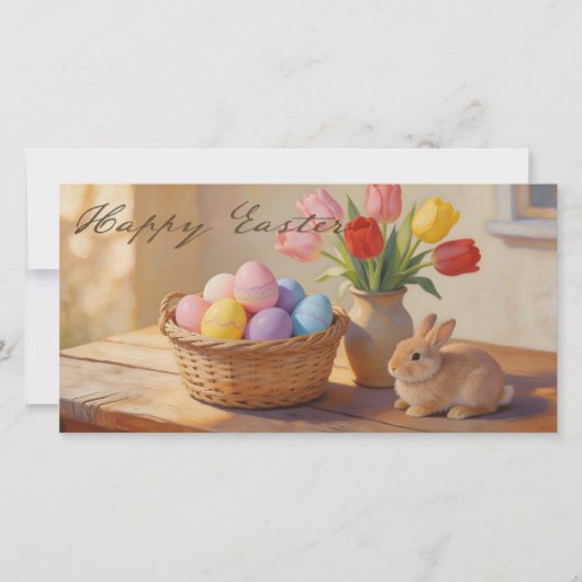Frohe Ostern mit bunten Eiern und Tulpen (Vorderseite)