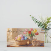 Frohe Ostern mit bunten Eiern und Tulpen (Stehend Vorderseite)