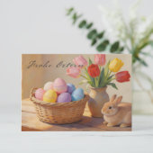 Frohe Ostern mit bunten Eiern und Tulpen (Stehend Vorderseite)