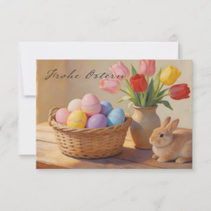 Frohe Ostern mit bunten Eiern und Tulpen