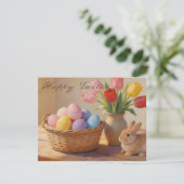Frohe Ostern mit bunten Eiern und Tulpen (Stehend Vorderseite)