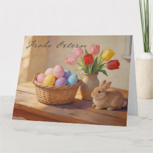Frohe Ostern mit bunten Eiern und Tulpen Dankeskarte