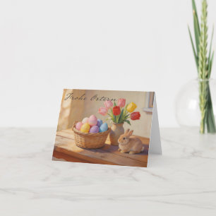 Frohe Ostern mit bunten Eiern und Tulpen Dankeskarte