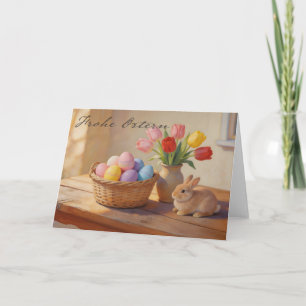 Frohe Ostern mit bunten Eiern und Tulpen Karte
