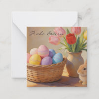 Frohe Ostern mit bunten Eiern und Tulpen