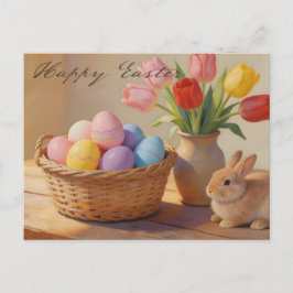 Frohe Ostern mit bunten Eiern und Tulpen Postkarte