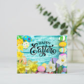 Frohe Ostern mit Ei und Hase mit Blume Postkarte (Stehend Vorderseite)