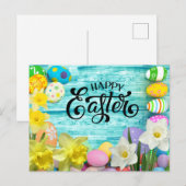 Frohe Ostern mit Ei und Hase mit Blume Postkarte (Vorne/Hinten)