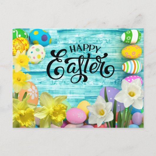 Frohe Ostern mit Ei und Hase mit Blume Postkarte (Vorderseite)