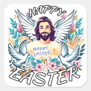 Frohe Ostern mit Jesus Quadratischer Aufkleber
