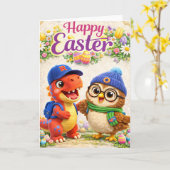 Frohe Ostern mit Rex und süßem Dinosaurier und Eul Karte (Gelbe Blume)