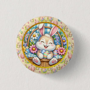 Frohe Ostern mit süßem Hasen, Eiern und Blumen Button