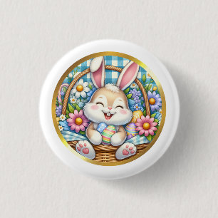 Frohe Ostern mit süßem Hasen, Eiern und Blumen Button