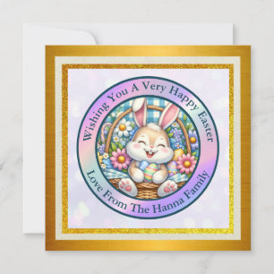 Frohe Ostern mit süßem Hasen, Eiern und Blumen Einladung
