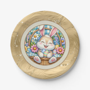 Frohe Ostern mit süßem Hasen, Eiern und Blumen Pappteller