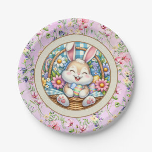 Frohe Ostern mit süßem Hasen, Eiern und Blumen Pappteller